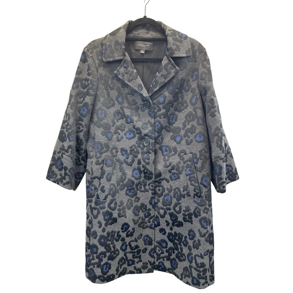 Ann Taylor Coat Womens L‎ Gray Blue Leopard Print Textured Jacket Lightweight